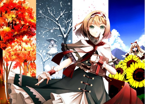 Anime picture 1223x877 with touhou alice margatroid shanghai clere long hair looking at viewer short hair blue eyes blonde hair smile holding green eyes payot sky cloud (clouds) leaning snowing winter snow mountain