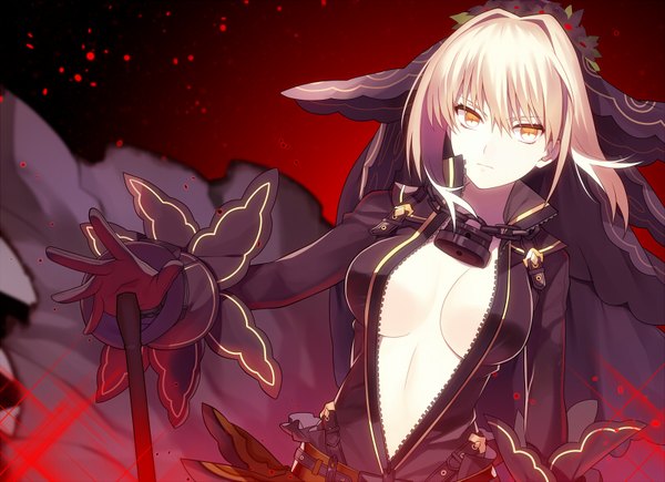 Anime picture 800x581 with fate (series) fate/stay night fate/extra fate/extra ccc artoria pendragon (all) saber nero claudius (fate) (all) saber alter nero claudius (bride) (fate) sanae (satansanae) single looking at viewer fringe short hair breasts light erotic blonde hair hair between eyes yellow eyes girl