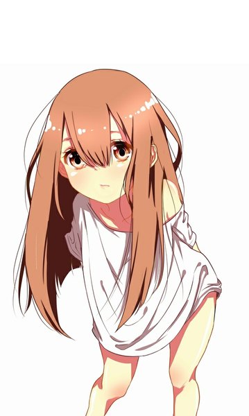 Anime picture 600x1001 with original fuu (07199382) single long hair tall image blush fringe simple background white background brown eyes orange hair leaning leaning forward legs hands behind back girl t-shirt