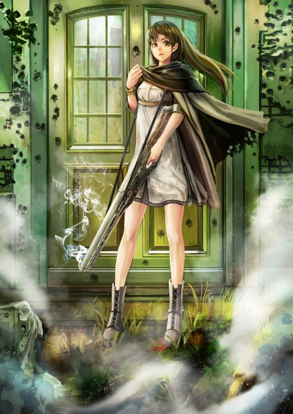 Anime picture 1579x2232 with original yoshifumi (4423) long hair tall image fringe open mouth brown hair brown eyes smoke surprised fog girl dress weapon plant (plants) boots bracelet gun cape grass