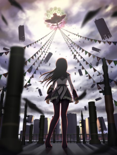 Anime picture 980x1300 with mahou shoujo madoka magica shaft (studio) akemi homura siraha single long hair tall image black hair looking away sky cloud (clouds) from behind magical girl girl skirt ribbon (ribbons) miniskirt pantyhose blouse rocket launcher