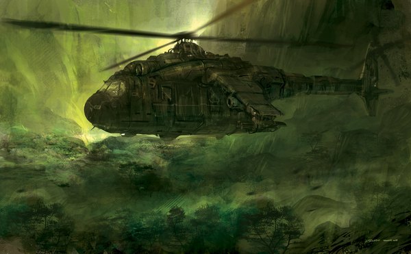 Anime picture 1526x945 with original jouey (artist) wide image tree (trees) forest machine helicopter