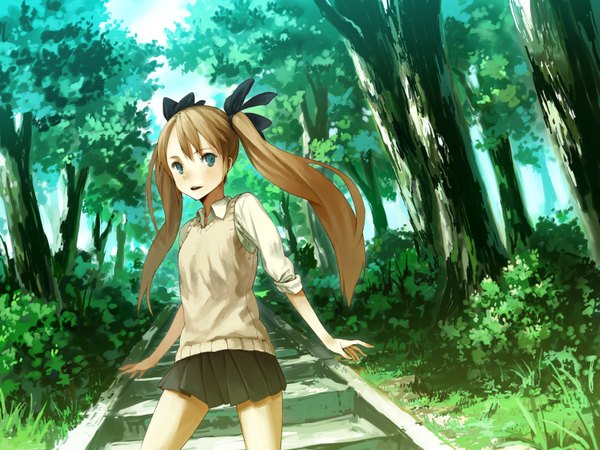 Anime picture 1600x1200 with original nikuball single long hair open mouth blue eyes brown hair twintails looking away pleated skirt twisty sleeves girl skirt uniform ribbon (ribbons) plant (plants) hair ribbon school uniform shirt tree (trees)
