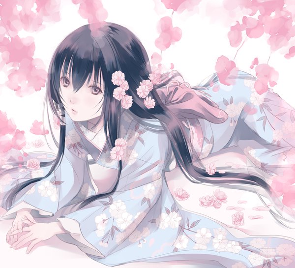 Anime picture 2200x2000 with getbackers studio deen fuuchouin kazuki hirai chika single long hair fringe highres black hair hair between eyes looking away lying traditional clothes japanese clothes hair flower grey eyes on stomach otoko no ko boy flower (flowers)