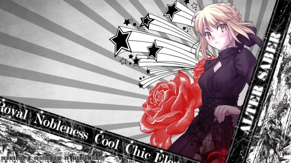 Anime picture 1920x1080 with fate (series) fate/stay night studio deen type-moon artoria pendragon (all) saber highres blonde hair wide image yellow eyes girl dress flower (flowers) rose (roses) star (symbol) red rose
