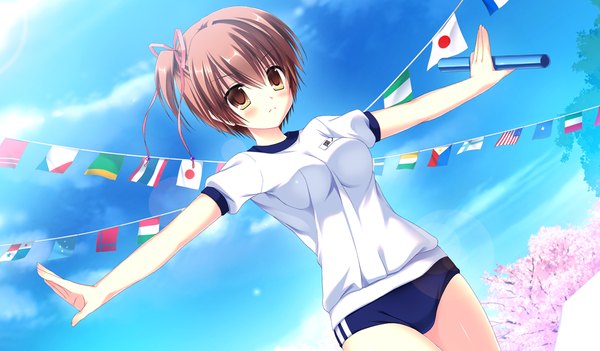 Anime picture 1024x600 with da capo iii hinomoto aoi takano yuki (allegro mistic) blush short hair light erotic brown hair wide image brown eyes game cg sky cloud (clouds) one side up cherry blossoms girl uniform ribbon (ribbons) plant (plants) hair ribbon tree (trees)