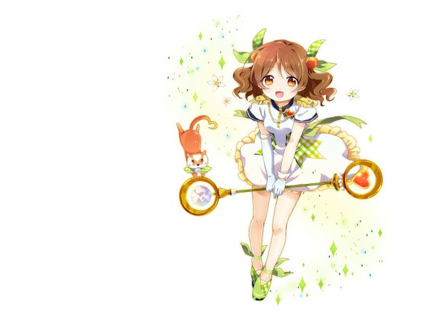Anime picture 1400x1073 with sakuro single looking at viewer short hair open mouth simple background smile brown hair white background yellow eyes sparkle orange eyes wavy hair plaid girl dress gloves uniform flower (flowers) animal