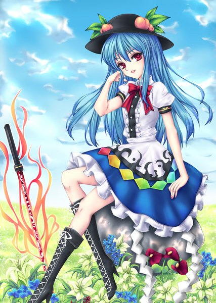 Anime picture 826x1161 with touhou hinanawi tenshi fred0092 single long hair tall image looking at viewer open mouth red eyes blue hair sky cloud (clouds) girl dress flower (flowers) weapon hat sword boots hisou no tsurugi