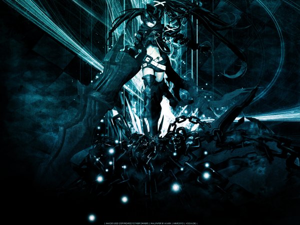 Anime picture 1600x1200 with black rock shooter black rock shooter (character) insane black rock shooter huke long hair looking at viewer blue eyes black hair twintails very long hair wallpaper dark background girl hair ornament weapon shorts belt chain
