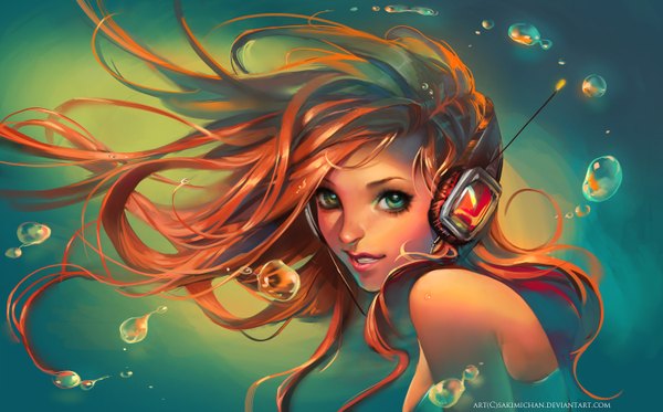 Anime picture 1500x934 with original sakimichan single long hair looking at viewer blush open mouth smile wide image bare shoulders signed aqua eyes orange hair realistic inscription heterochromia underwater girl water headphones