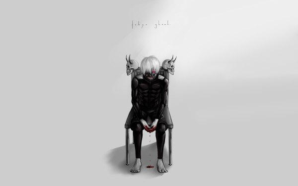 Anime picture 1920x1200 with tokyo ghoul studio pierrot kaneki ken 1am single looking at viewer fringe highres short hair simple background sitting white hair pink eyes barefoot horn (horns) hair over one eye inscription grey background shadow wallpaper