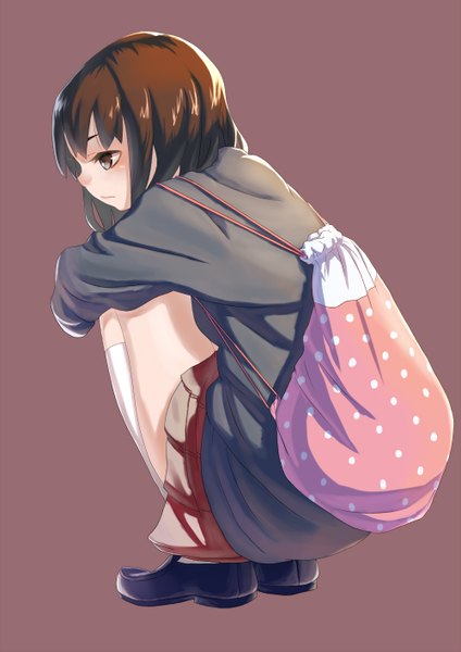 Anime picture 1000x1414 with original jonsun single tall image short hair simple background sitting brown eyes looking down sad girl skirt uniform school uniform bag school bag