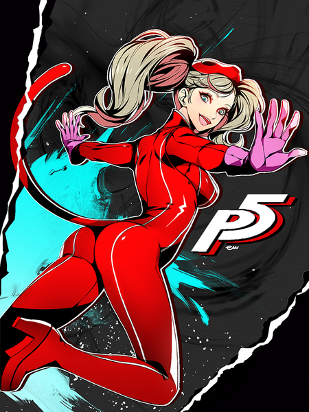 Anime picture 720x960 with persona 5 persona takamaki anne eu (euspia) single long hair tall image looking at viewer breasts open mouth blue eyes light erotic blonde hair large breasts twintails ass tail animal tail cat tail spread arms