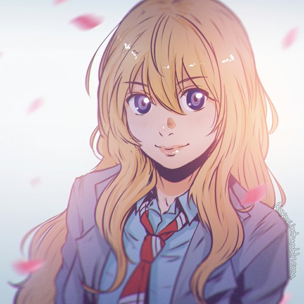 Anime picture 1024x1024 with shigatsu wa kimi no uso a-1 pictures miyazono kaori koyoriin single long hair looking at viewer fringe simple background ahoge head tilt lips gradient background eyebrows open collar girl uniform school uniform shirt petals