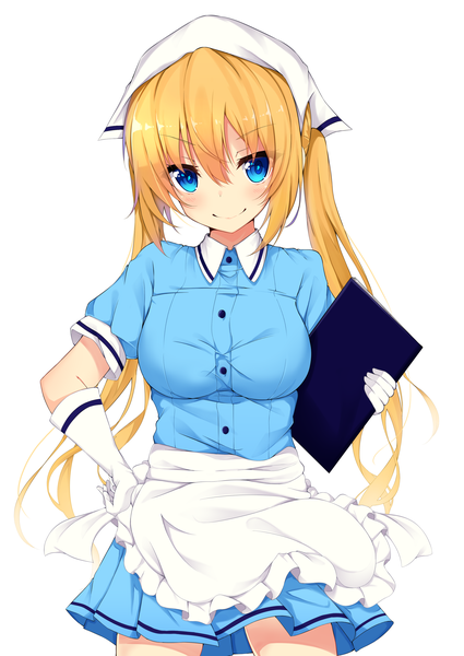 Anime picture 2508x3541 with blend s a-1 pictures hinata kaho mottsun (i 40y) single long hair tall image looking at viewer blush fringe highres blue eyes simple background blonde hair smile hair between eyes white background twintails hand on hip waitress