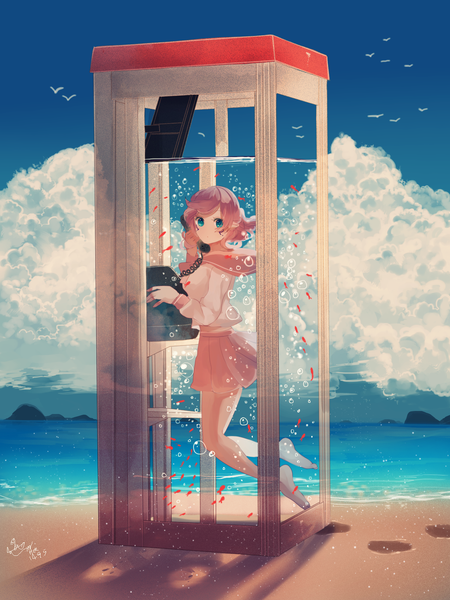 Anime picture 1200x1600 with original hzrn (ymj924) single long hair tall image looking at viewer blush fringe short hair blue eyes holding pink hair sky cloud (clouds) bent knee (knees) pleated skirt barefoot sunlight bare legs shadow