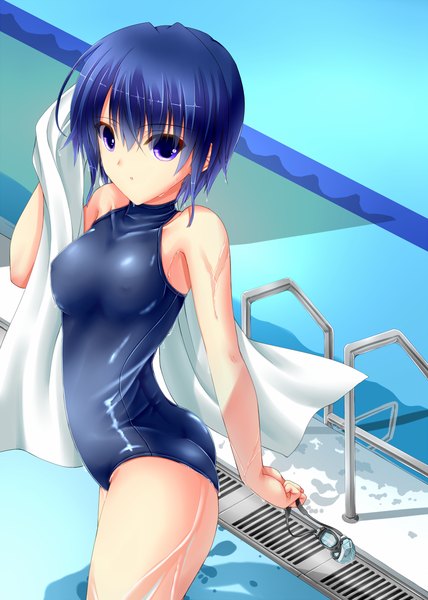 Anime picture 857x1200 with original shouyan single tall image looking at viewer short hair blue eyes light erotic blue hair girl swimsuit one-piece swimsuit towel pool