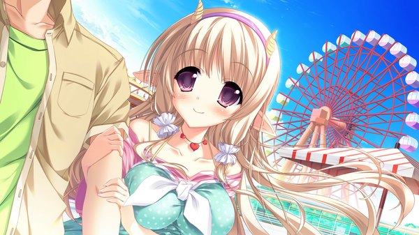Anime picture 2560x1440 with magical marriage lunatics!! yuria rin road yamakaze ran long hair blush highres smile wide image purple eyes game cg white hair horn (horns) pointy ears couple girl dress ferris wheel