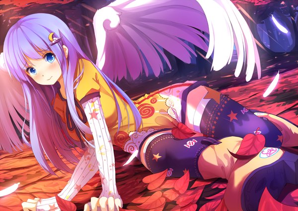 Anime picture 1414x1000 with original riki-to single long hair looking at viewer blush blue eyes pink hair angel wings girl thighhighs dress wings boots leaf (leaves) feather (feathers)
