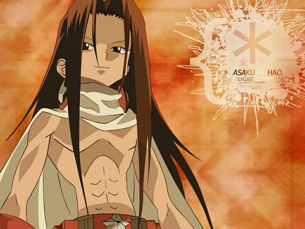 Anime picture 1024x768 with shaman king xebec asakura hao single long hair smile brown hair black eyes muscle headphones cloak