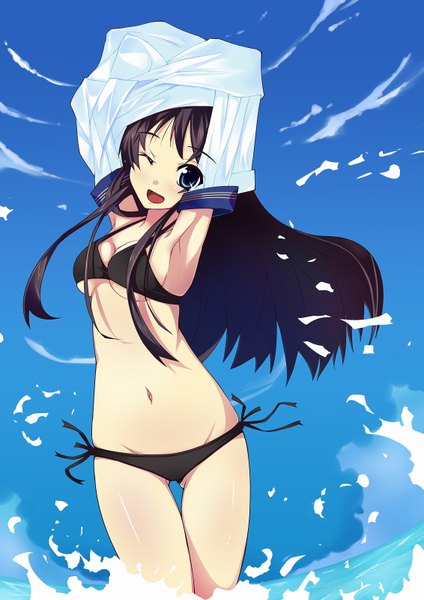 Anime picture 1131x1600 with k-on! kyoto animation akiyama mio kendo (artist) single long hair tall image open mouth blue eyes light erotic black hair cloud (clouds) one eye closed wink girl navel swimsuit bikini black bikini