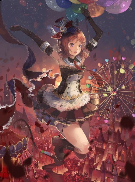 Anime picture 1181x1600 with love live! school idol project sunrise (studio) love live! nishikino maki qianqian single tall image blush short hair open mouth purple eyes bare shoulders holding looking away bent knee (knees) red hair night arms up night sky symbol-shaped pupils