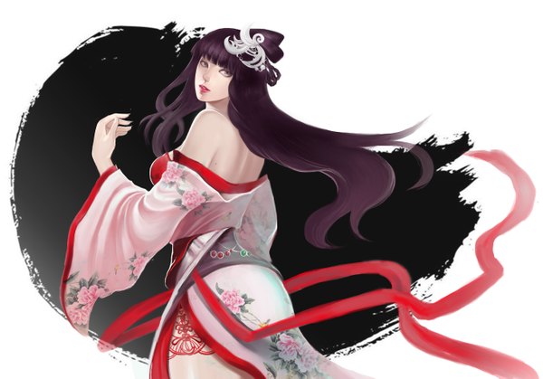 Anime picture 5420x3788 with original syusuke0229 single long hair highres black hair absurdres japanese clothes looking back back silver eyes girl hair ornament ribbon (ribbons)