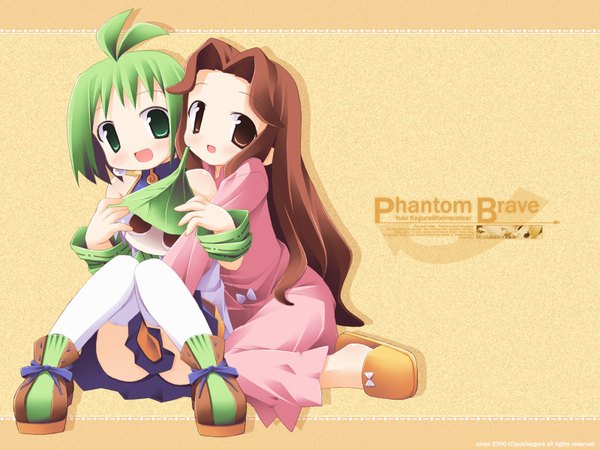 Anime picture 1600x1200 with phantom brave marona castille kagura yuuki long hair looking at viewer short hair open mouth light erotic brown hair sitting multiple girls brown eyes green eyes ahoge :d green hair hug hug from behind knees together feet apart