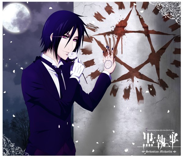 Anime picture 3600x3110 with kuroshitsuji a-1 pictures sebastian michaelis looking at viewer highres short hair black hair red eyes absurdres nail polish inscription framed butler boy gloves flower (flowers) petals necktie moon blood