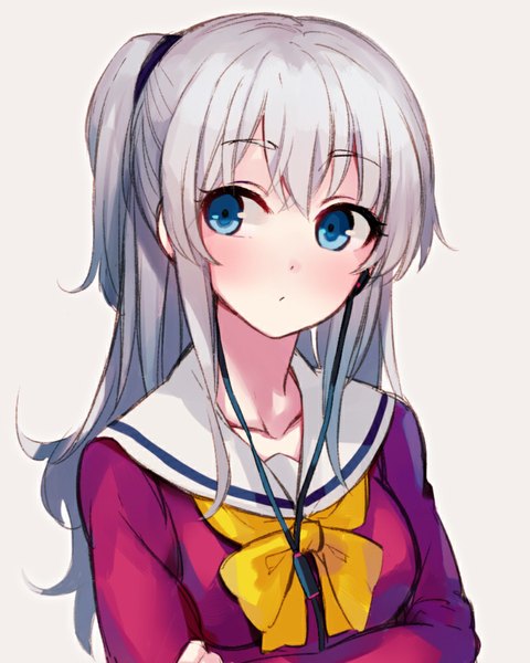 Anime picture 800x1000 with charlotte p.a. works tomori nao erolcy single long hair tall image blush fringe blue eyes simple background looking away grey hair grey background side ponytail portrait girl uniform serafuku headphones