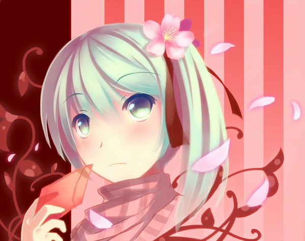 Anime picture 1518x1200 with vocaloid hatsune miku lino-lin single long hair blush fringe simple background twintails holding looking away hair flower aqua eyes aqua hair close-up girl hair ornament flower (flowers) ribbon (ribbons) petals