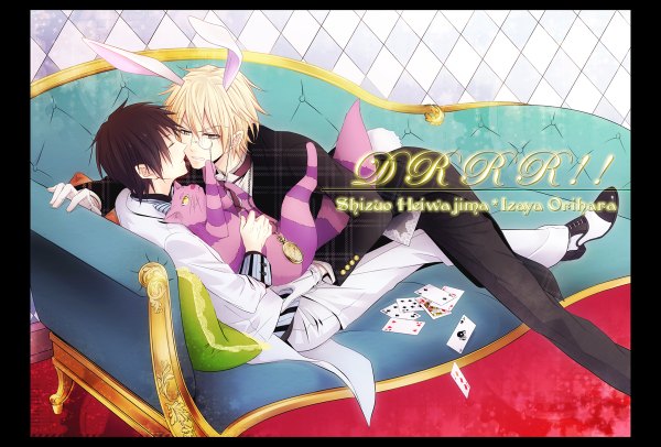 Anime picture 1200x812 with alice in wonderland durarara!! brains base (studio) orihara izaya heiwajima shizuo white rabbit cheshire cat b fujiyuki (artist) short hair black hair blonde hair yellow eyes eyes closed multiple boys bunny ears alternate costume couple striped reclining face to face