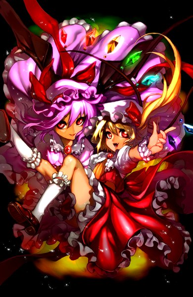 Anime picture 1016x1560 with touhou flandre scarlet remilia scarlet wadani hitonori tall image fringe short hair open mouth blonde hair hair between eyes red eyes multiple girls purple hair outstretched arm side ponytail siblings bat wings sisters girl 2 girls