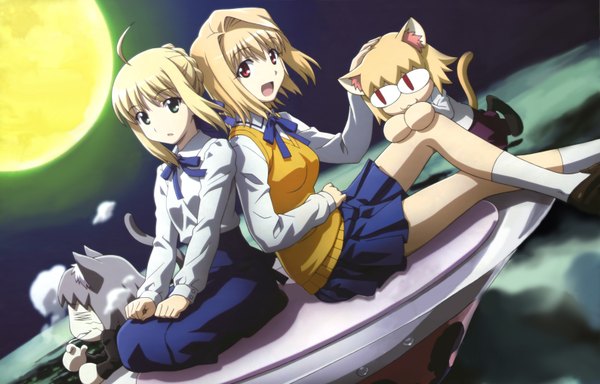 Anime picture 6354x4072 with fate (series) fate/stay night shingetsutan tsukihime studio deen type-moon megami magazine artoria pendragon (all) saber arcueid brunestud neko arc morita kazuaki highres blonde hair red eyes multiple girls green eyes animal ears absurdres animal tail night