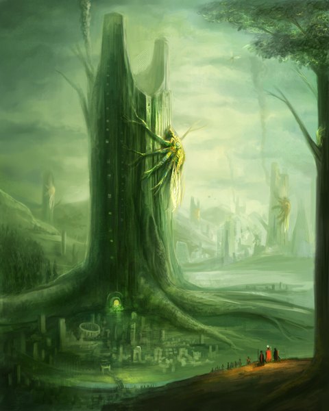 Anime picture 1024x1280 with original occult soda tall image sky cloud (clouds) city mountain fantasy silhouette river plant (plants) tree (trees) insect building (buildings) people