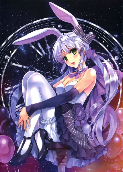 Anime picture 3933x5500 with misaki kurehito single long hair tall image looking at viewer blush highres open mouth sitting bare shoulders green eyes animal ears absurdres silver hair tail animal tail scan high heels bunny ears bunny tail