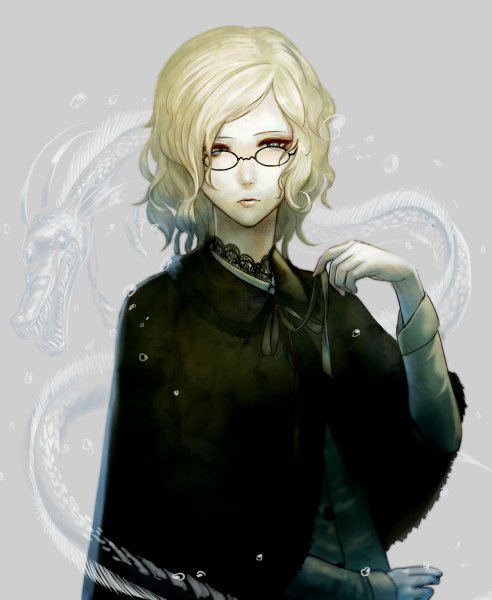 Anime picture 984x1199 with original minoo single tall image looking at viewer short hair simple background blonde hair grey background grey eyes girl bow glasses cape bubble (bubbles) lace dragon