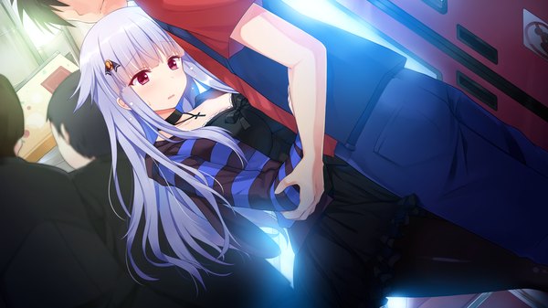 Anime picture 2560x1440 with shirogane x spirits! giga kiryuu chikage kino (kino konomi) long hair fringe highres open mouth wide image purple eyes game cg cleavage grey hair sunlight embarrassed hug looking down sunbeam girl dress