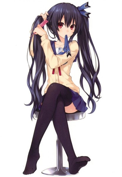 Anime picture 703x1016 with choujigen game neptune noire tsunako single long hair tall image black hair simple background red eyes white background sitting twintails holding pleated skirt official art no shoes crossed legs mouth hold adjusting hair holding hair