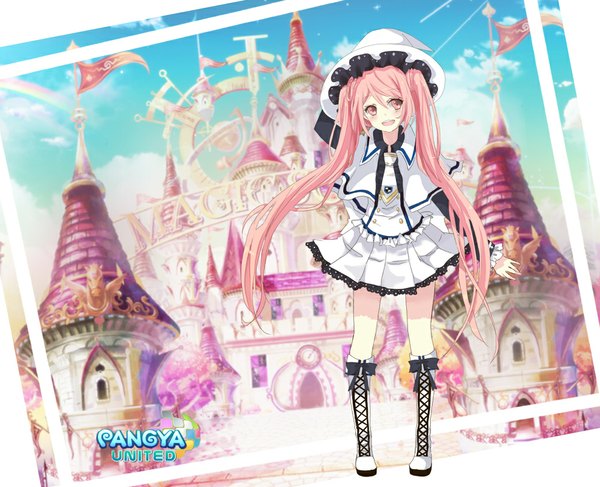 Anime picture 1000x813 with pangya lucia long hair blush open mouth twintails pink hair pink eyes girl hat boots castle