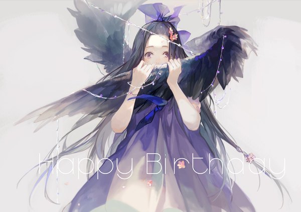 Anime picture 800x563 with original nineo single long hair looking at viewer black hair simple background purple eyes hair flower grey background covered mouth black wings happy birthday girl dress flower (flowers) bow hair bow wings purple dress