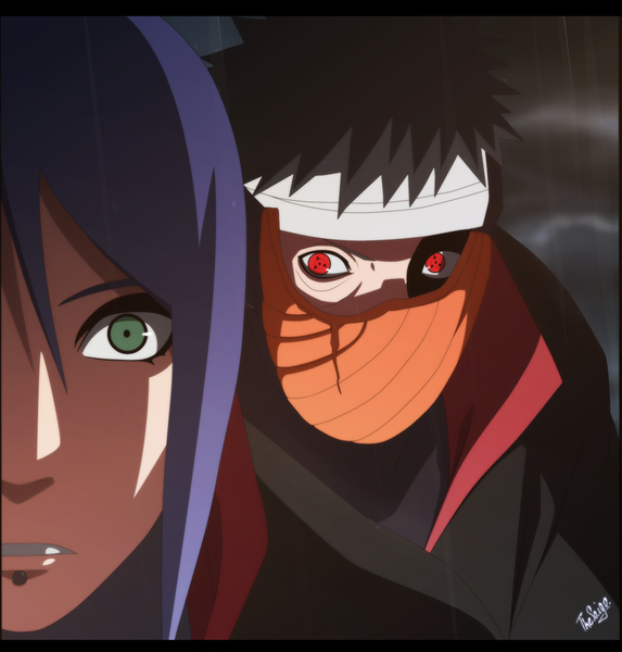 Anime picture 1000x1048 with naruto studio pierrot naruto (series) uchiha obito tobi konan thesaigo tall image short hair black hair red eyes green eyes sky purple hair cloud (clouds) coloring piercing rain akatsuki sharingan