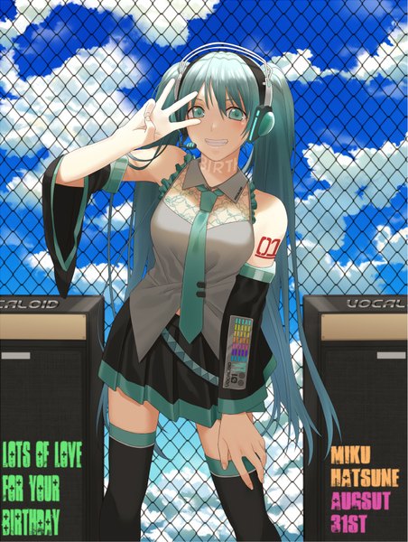 Anime picture 1304x1728 with vocaloid hatsune miku kosagi midori single long hair tall image looking at viewer blush twintails sky cloud (clouds) pleated skirt aqua eyes aqua hair inscription tattoo grin victory girl thighhighs