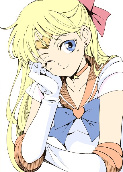 Anime picture 858x1200 with bishoujo senshi sailor moon toei animation aino minako sailor venus agahari single long hair tall image looking at viewer blue eyes simple background blonde hair smile white background one eye closed wink half updo girl gloves bow
