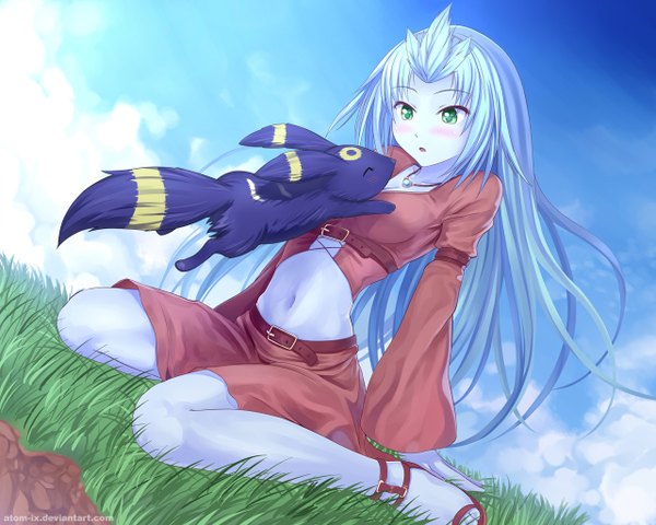 Anime picture 1280x1024 with atomix single long hair blush green eyes sky cloud (clouds) white hair eyes closed girl skirt navel plant (plants) animal grass sandals