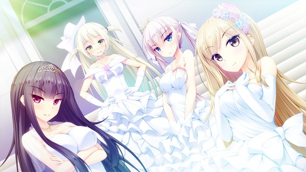 Anime picture 1024x576 with gakuen butou no folklore oki tsubomi long hair blush blue eyes black hair blonde hair wide image twintails purple eyes multiple girls brown eyes green eyes game cg white hair hair flower girl dress hair ornament flower (flowers)