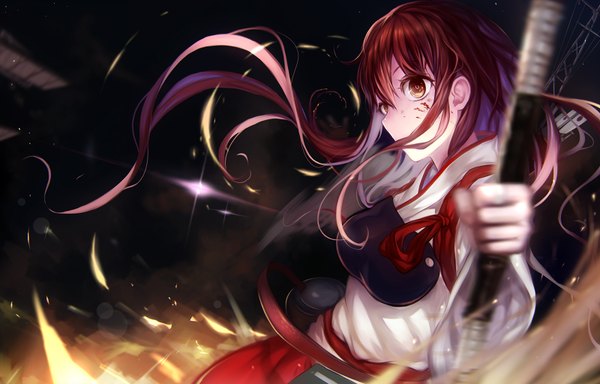 Anime picture 1600x1024 with kantai collection akagi aircraft carrier s a~ single long hair looking at viewer brown hair brown eyes traditional clothes japanese clothes depth of field scar girl weapon armor bow (weapon)