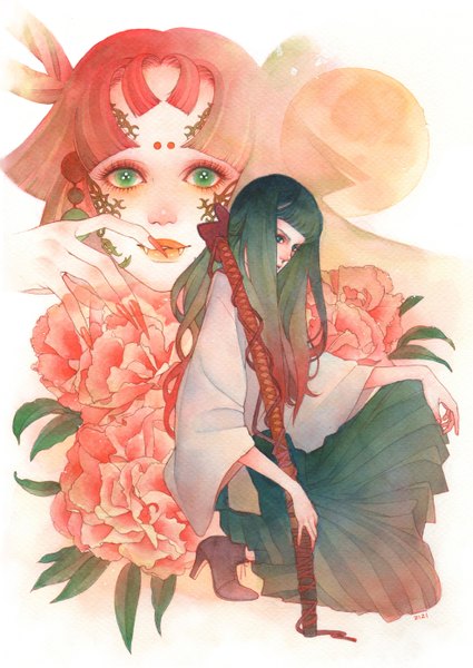 Anime picture 985x1392 with original zizi long hair tall image looking at viewer fringe multiple girls green eyes signed red hair nail polish traditional clothes japanese clothes aqua eyes fingernails teeth fang (fangs) high heels finger to mouth squat