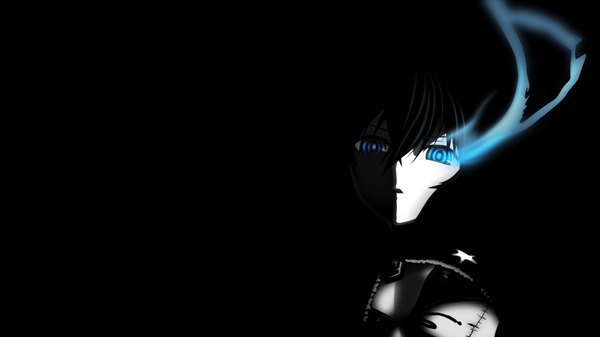 Anime picture 1920x1080 with black rock shooter black rock shooter (character) single long hair looking at viewer fringe highres blue eyes black hair wide image glowing black background glowing eye (eyes) girl bikini top