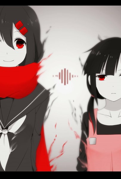 Anime picture 688x1017 with kagerou project shaft (studio) tateyama ayano asahina hiyori hinata0287 long hair tall image looking at viewer fringe black hair smile red eyes brown hair multiple girls low twintails letterboxed serious glow alternate color girl